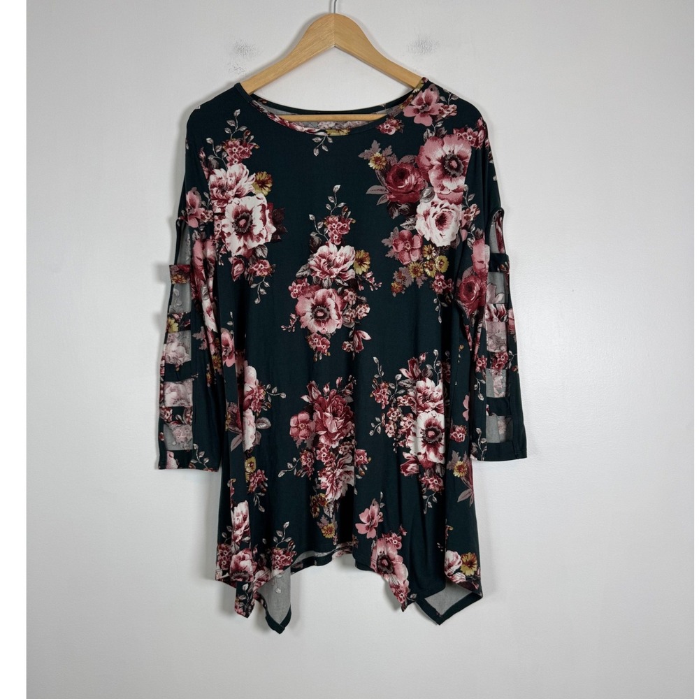 Boho Signature Studio Womens XL Floral Tunic Green Pink Ladder Sleeve Sharkbite